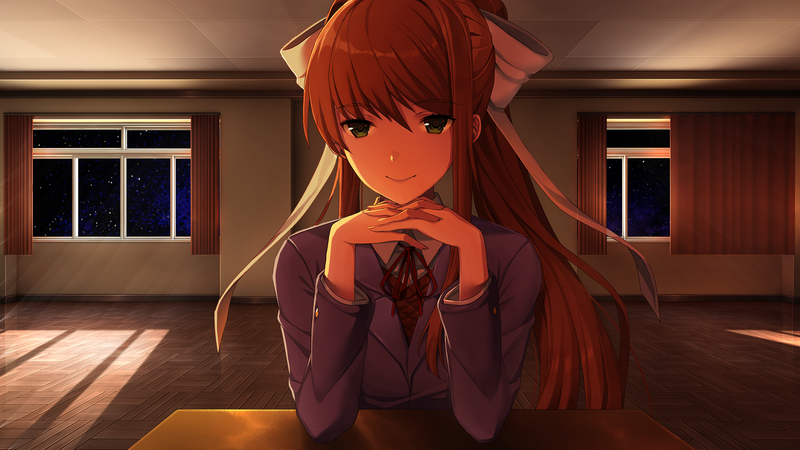 Monika (Doki Doki Literature Club), Doki Doki Literature Club, anime girls, anime, redhead, long hair, brunette, dark, ponytail, Just Monika, green eyes, video games, video game art, Video Game Horror, digital art