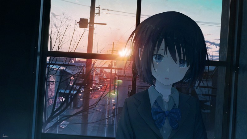 sunset, sky, tears, crying, window, glare, dead trees, schoolgirl, anime girls, Pixiv