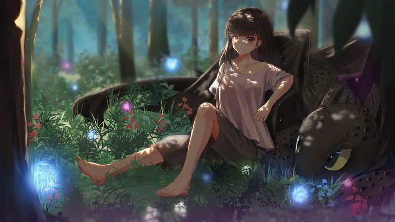 anime, anime girls, black hair, forest, original characters, barefoot, flowers