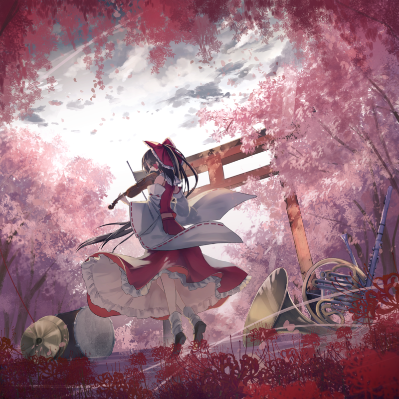 anime, anime girls, black hair, Touhou, Hakurei Reimu, violin