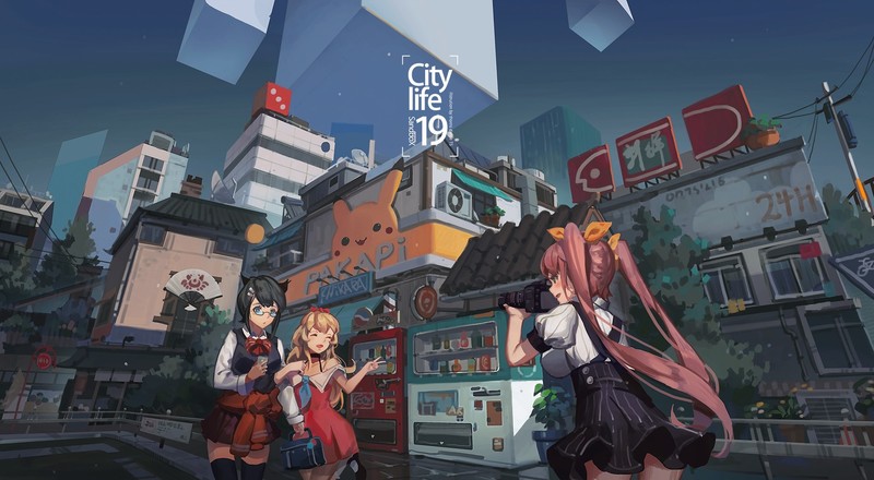 anime girls, original characters, friendship, urban, building, city, architecture, artwork, drawing, digital art, digital painting, T5, moescape