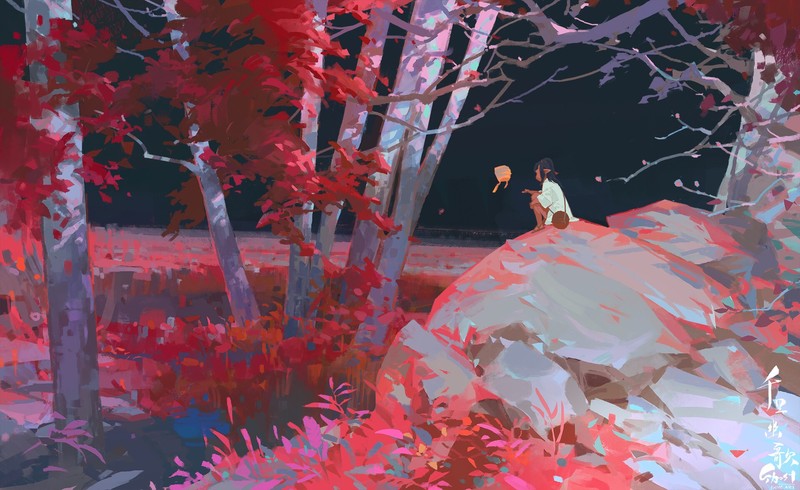 fantasy art, environment, trees, rocks, spirits, artwork