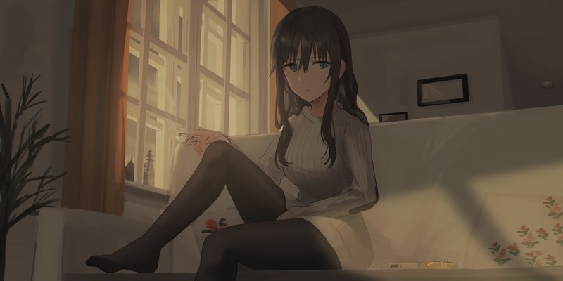 Strike Witches, anime girls, anime, manga, dark hair, blue eyes, bangs, looking at viewer, sweater dress, pantyhose, sitting, smoking, cigarettes, couch, indoors, artwork, 2D, digital art, drawing, Chihuri 45, fan art