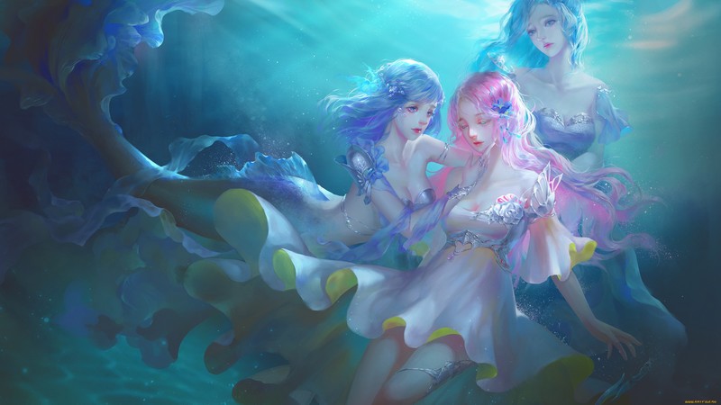underwater, fantasy art, fantasy girl, mermaids, cyan, blue