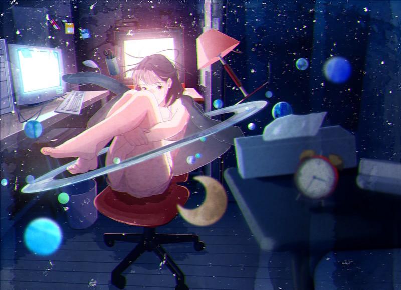 dark matter, anime, anime girls, clocks, planet, universe, monitor, zero gravity, glowing, floating, sitting, stars