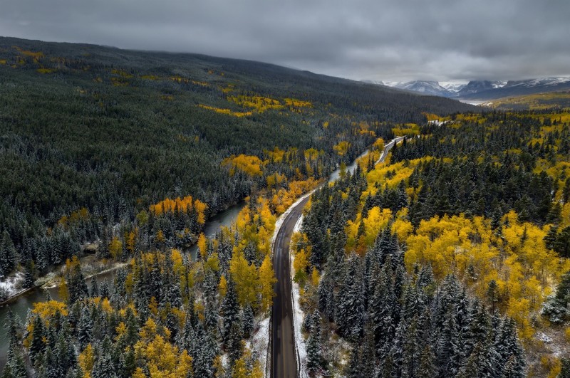 road, landscape, winter, trees, aerial view, river