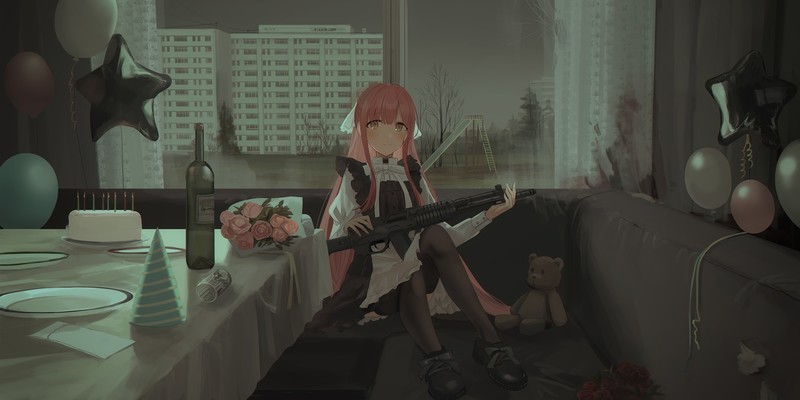 gun, Party Room, balloon, bouquet, teddy bears, smiling, pink hair, playground, cake, plates, champagne, anime girls, Chihuri 45, Pixiv