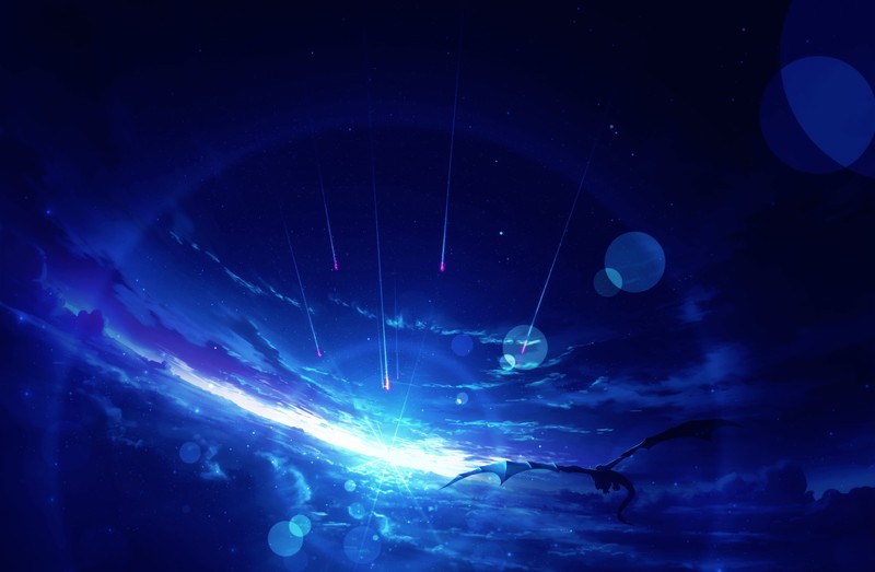 digital art, meteors, sky, clouds, stars, dragon, sun rays, artwork, fantasy art