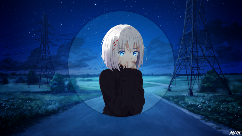 anime, anime girls, night, blurred, nature, blue, eyes, picture-in-picture