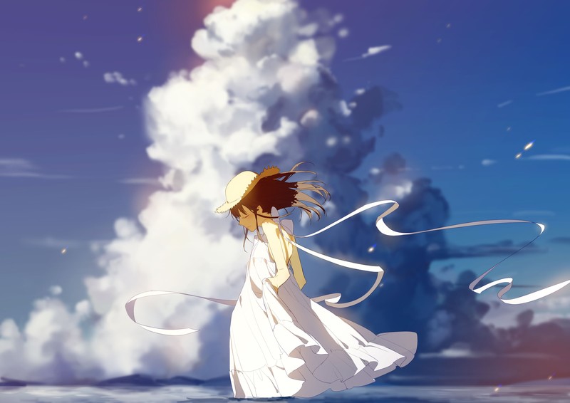 clouds, sky, wind, dress, sun hats, ribbon, water, closed eyes, smiling, brunette, anime girls, anime