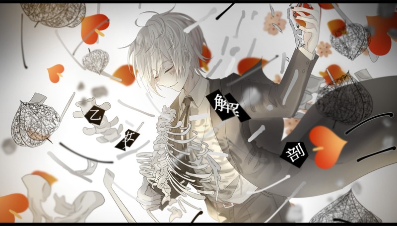 Japanese characters, skeleton, Vocaloid, Utaite, petals, smiling, bones, white hair, Male, barcode, suits