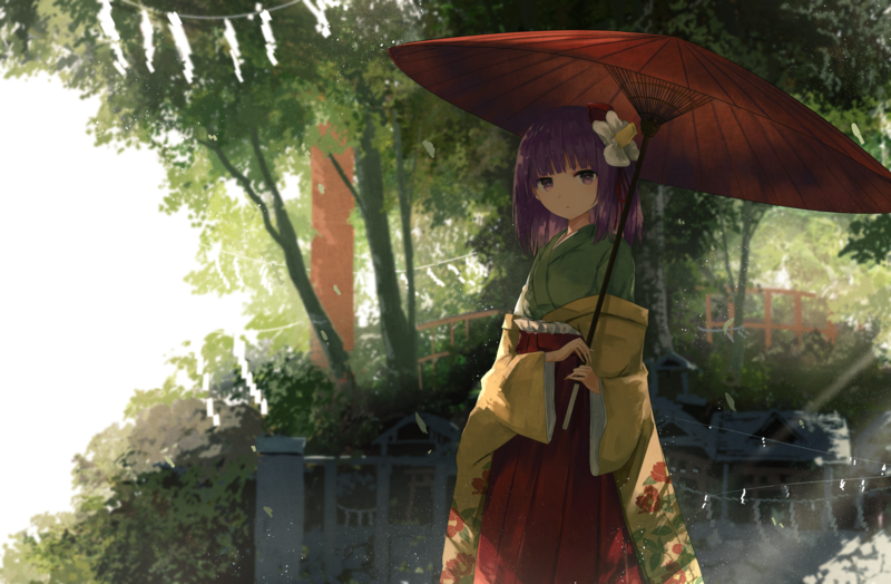 anime, anime girls, flower in hair, purple eyes, purple hair, Touhou, Hieda no Akyuu, short hair, umbrella
