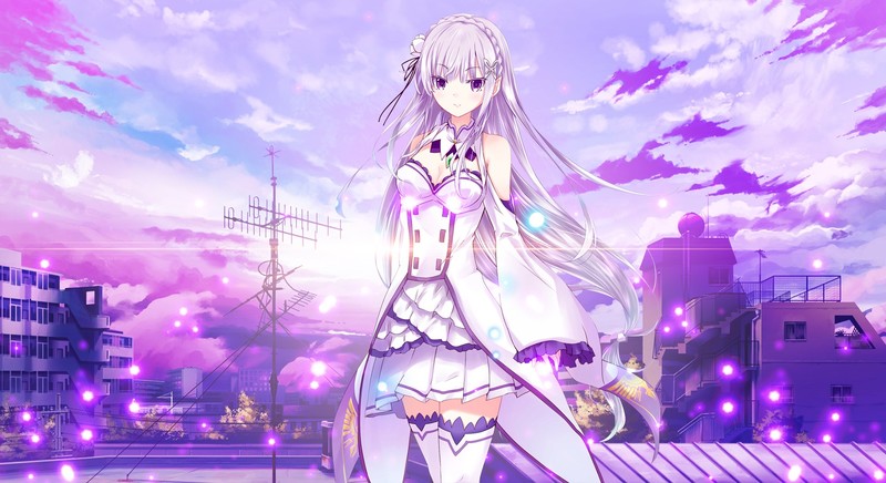 Emilia (Re: Zero), Re:Zero Kara Hajimeru Isekai Seikatsu, anime girls, sky, anime, city