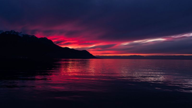 sea, mountains, sunset, night, dark, horizon, switzerland, 4k