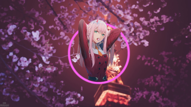 Zero Two (Darling in the FranXX), Darling in the FranXX, blurred, anime, Tokyo, tower, cherry blossom, picture-in-picture