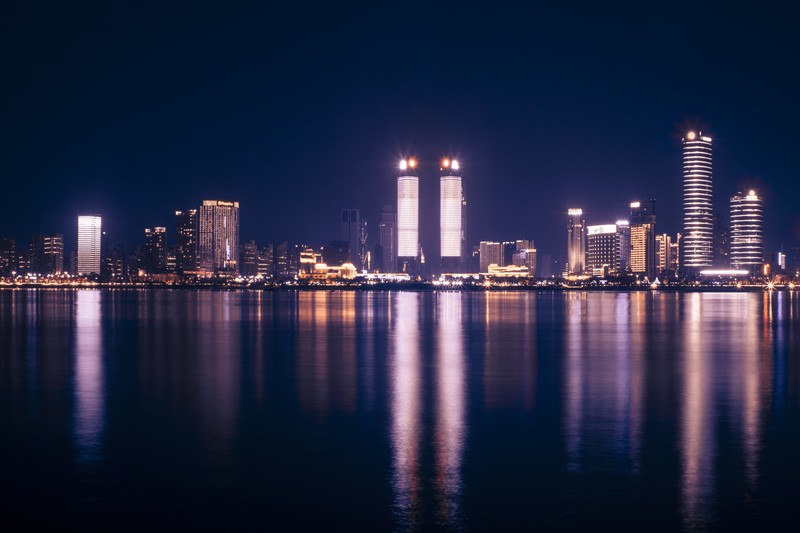 night, city, skyline, water, reflection, cityscape