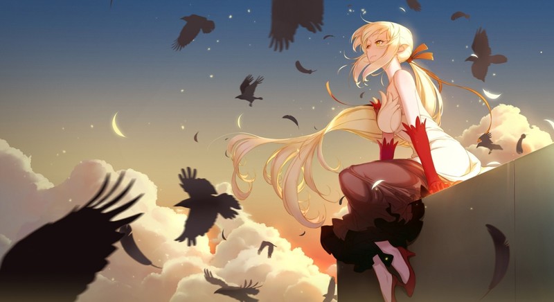 wind, wavy hair, birds, crow, dress, sitting, sky, clouds, Monogatari Series, Oshino Shinobu, anime girls, anime