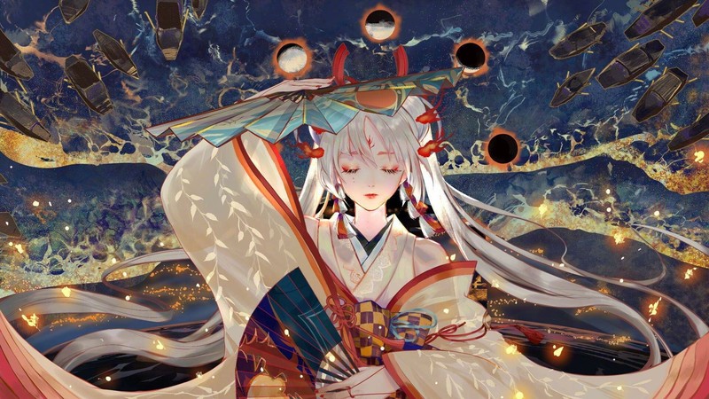 anime, anime girls, kimono, twintails, closed eyes