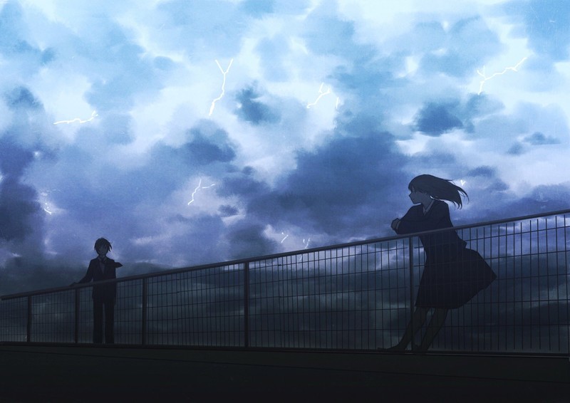 lightning, wind, clouds, dark, anime