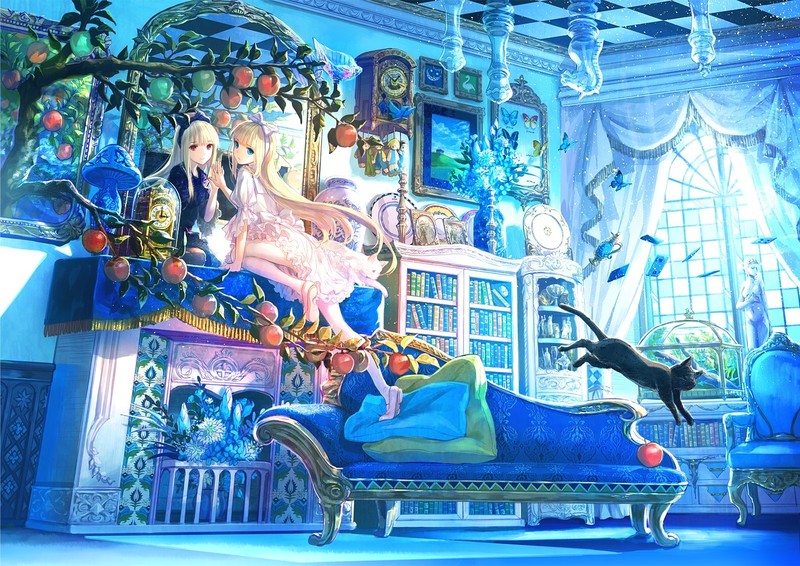 anime, anime girls, indoors, apples, mirror, cats