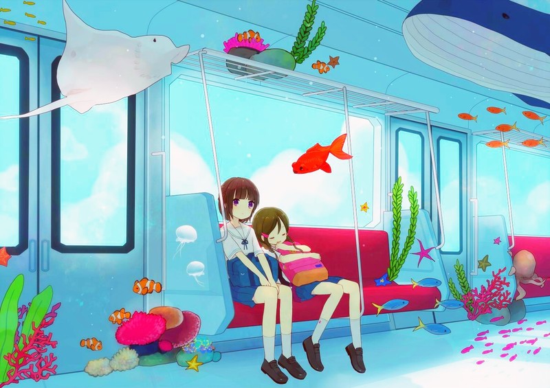 anime, anime girls, fish, cyan