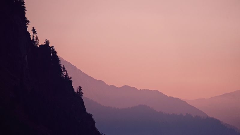 rock, mountains, trees, evening, cliff, 4k