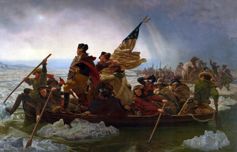 artwork, painting, classic art, people, men, George Washington, river, boat, American flag, army, war, winter, paddle, horse, cannon, ice, USA, presidents, emanuel leutze, Washington Crossing the Delaware