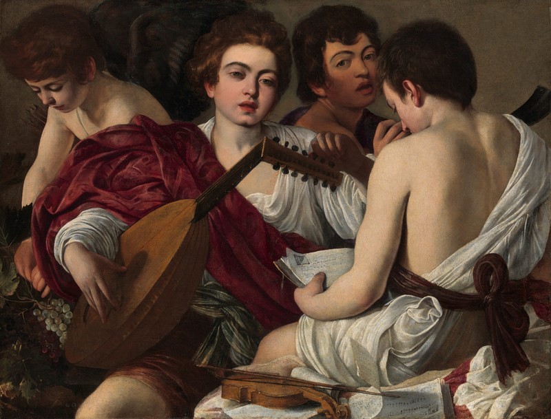 artwork, painting, classic art, people, men, Caravaggio, musical instrument, face, musical notes, violin, bare shoulders
