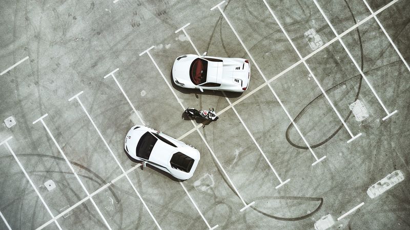 parking, cars, motorcycle, top view, lamborghini, ferrari, ducati, 4k