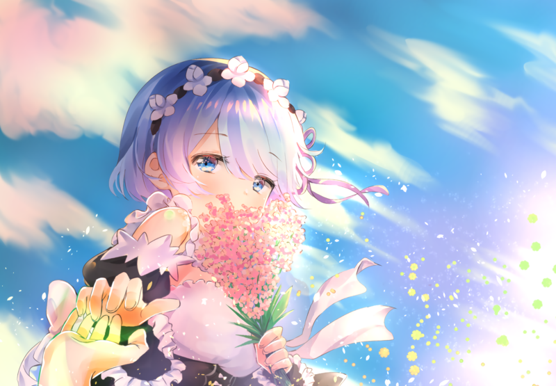 Pixiv, anime girls, anime, blue hair, flowers, sky