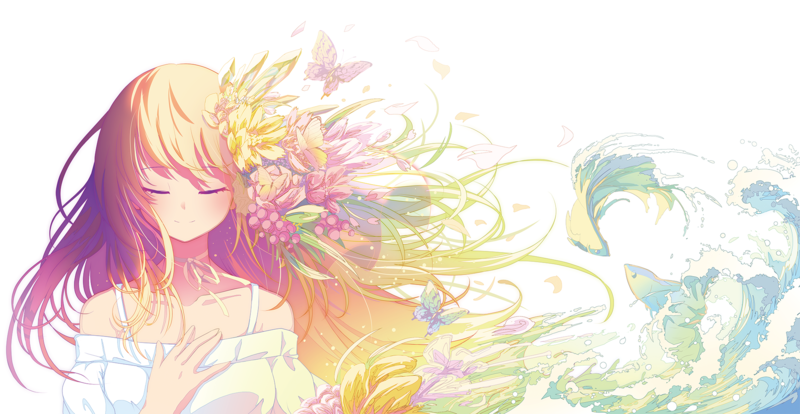anime girls, original characters, blonde, long hair, closed eyes, smiling, dress, flowers, butterfly, fish, fantasy art, white background, artwork, drawing, digital art, 2D, anime, Berry Verrine, Pixiv