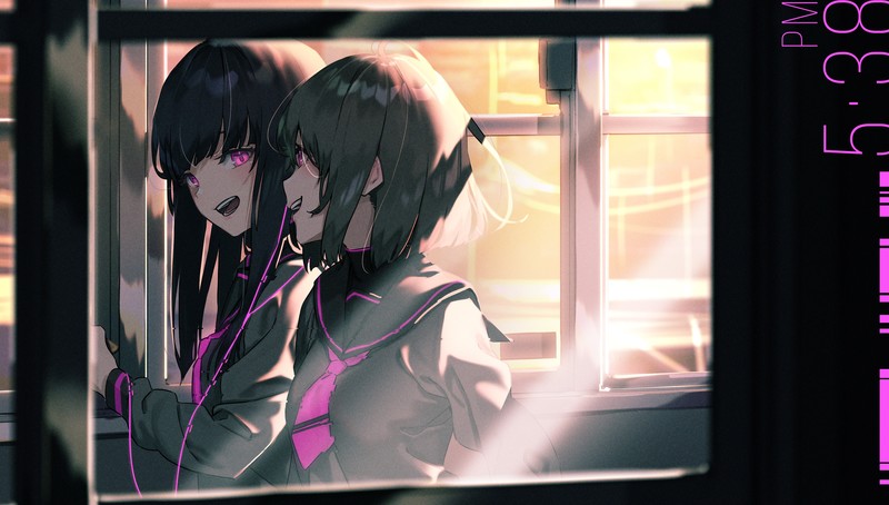 anime girls, original characters, schoolgirl, school uniform, sailor uniform, dark hair, long hair, purple eyes, happy, smiling, friendship, artwork, drawing, digital art, 2D, anime, Rolua Noa