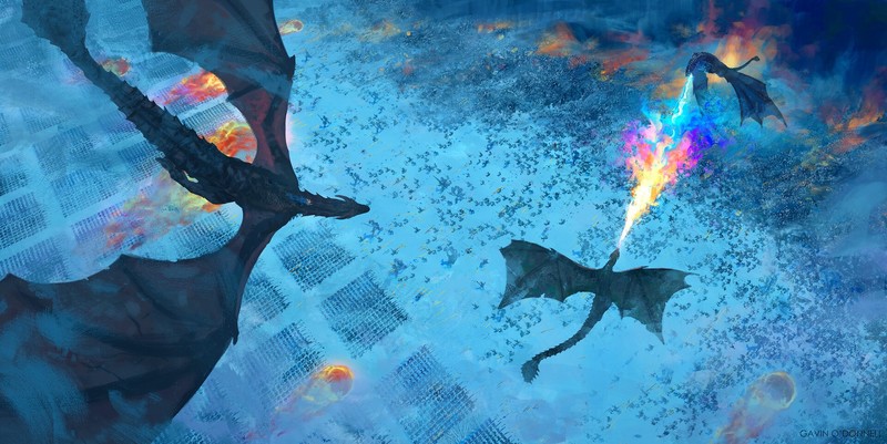 artwork, Game of Thrones, fantasy art, dragon, army, creature, cyan, Gavin ODonnell
