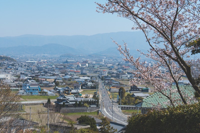 Japan, landscape, mountains, town, cherry blossom
