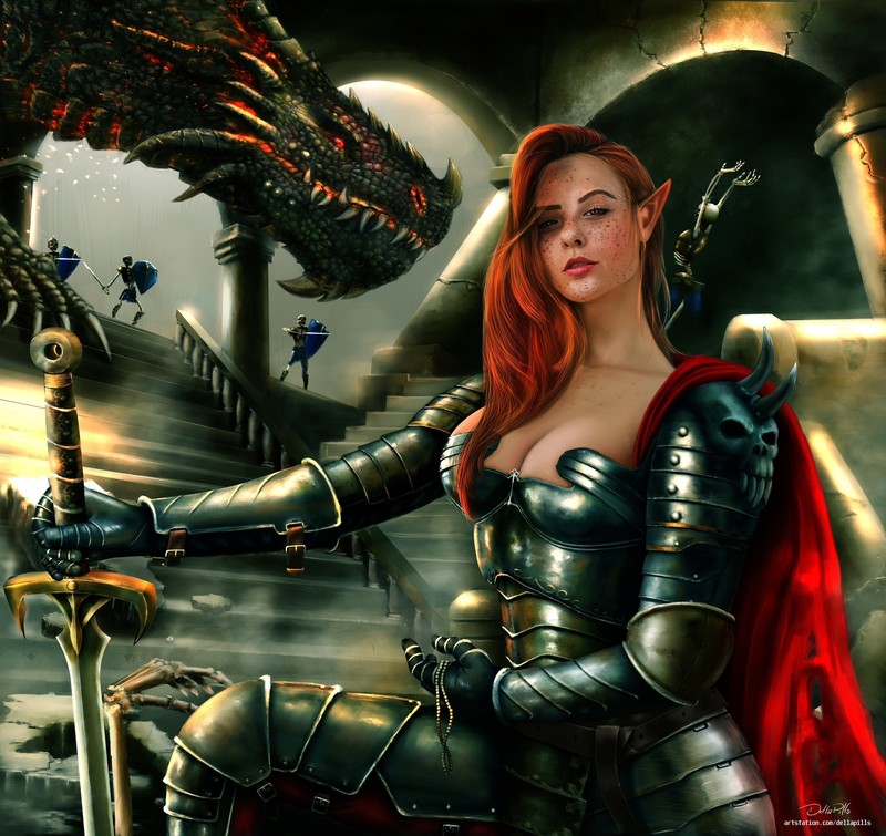 DellaPills, redhead, fantasy girl, fantasy art, boobs, dragon, creature, sword, Elfs