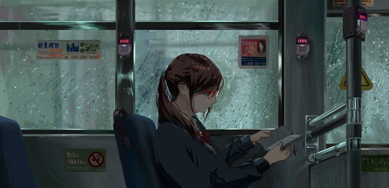 anime, anime girls, original characters, water drops, rain, glasses, reading, dark hair