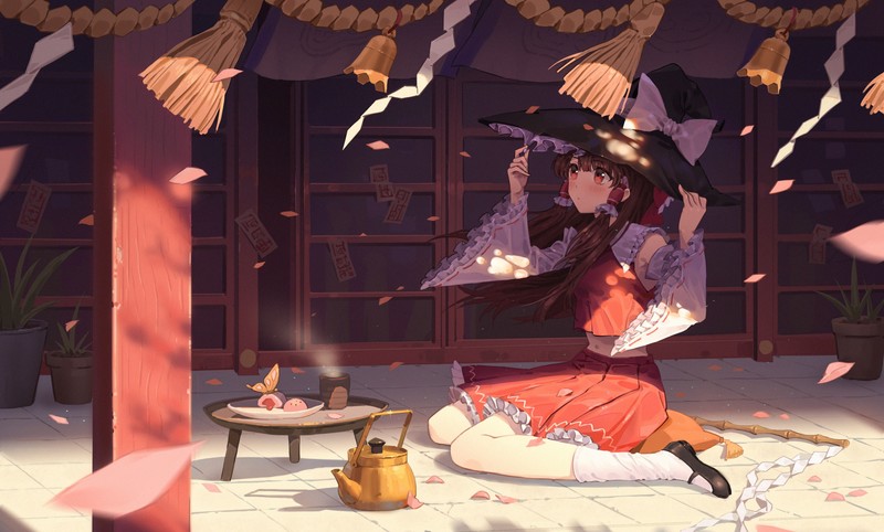 anime, anime girls, Touhou, Hakurei Reimu, kneeling, teapot, red eyes, Asia