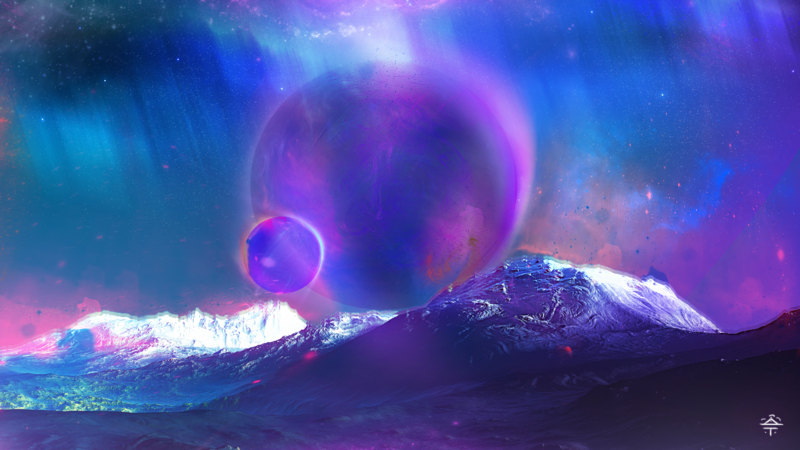 digital art, space clouds, futuristic, space art, mountains, purple background, blue background, galaxy, purple