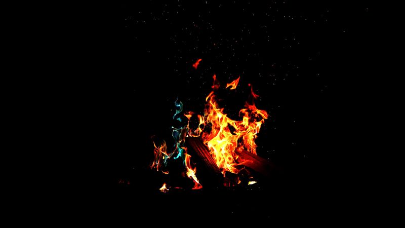 bonfire, fire, firewood, sparks, dark, light, camping, 4k