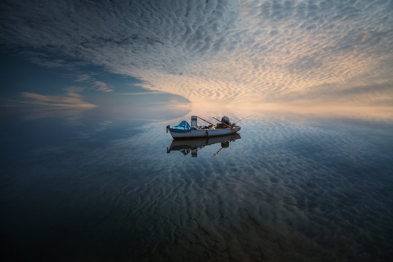 boat, vehicle, nature, sky, water, fishing rod