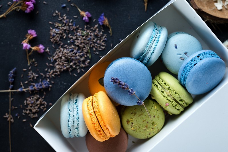sweets, food, colorful, Macarons, flowers, blue