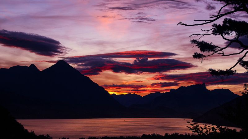 sunset, branches, sky, clouds, mountains, 4k