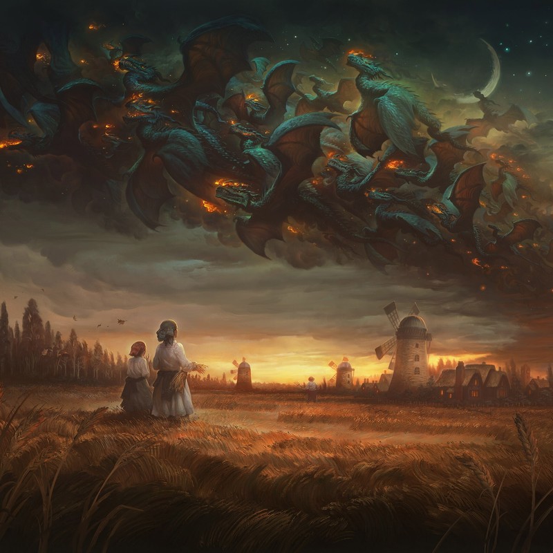 artwork, dragon, landscape, fantasy art, digital art, sky