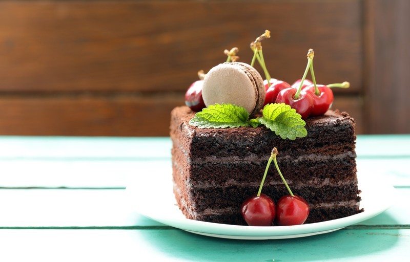 food, sweets, fruit, cherries, cake, bright, leaves