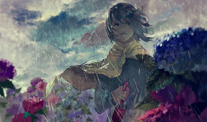 anime, anime girls, original characters, flowers, rain, umbrella