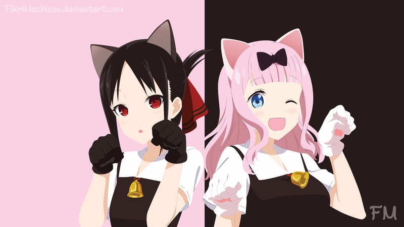 Kaguya-Sama: Love is War, anime girls, anime, red eyes, blue eyes, dark hair, pink hair, bell, animal ears, Kaguya Shinomiya, Chika Fujiwara