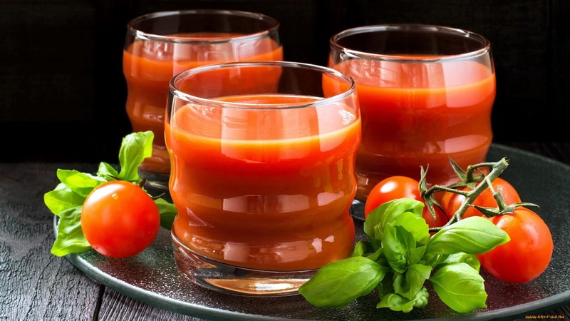 tomatoes, food, drinking glass, basil, wooden surface, glass