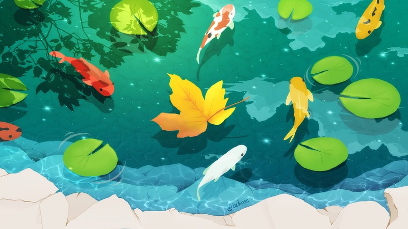 koi, fish, leaves, animals, artwork