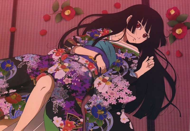 Jigoku Shoujo, Enma Ai, anime girls, anime, flowers, long hair, dark hair, red eyes