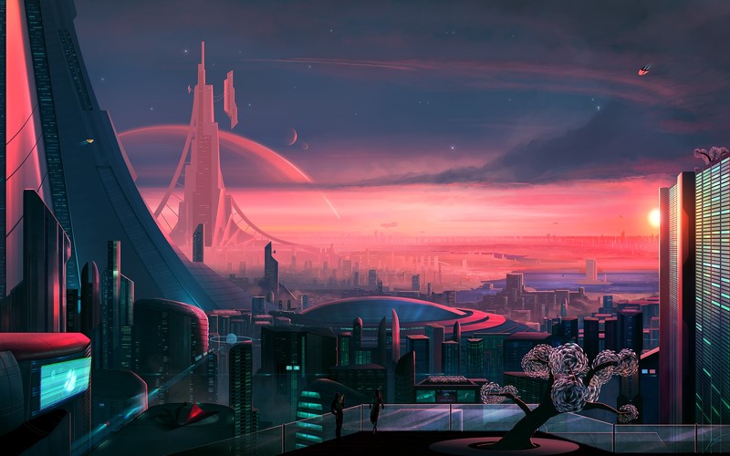 space art, futuristic, city, science fiction, JoeyJazz, red sky